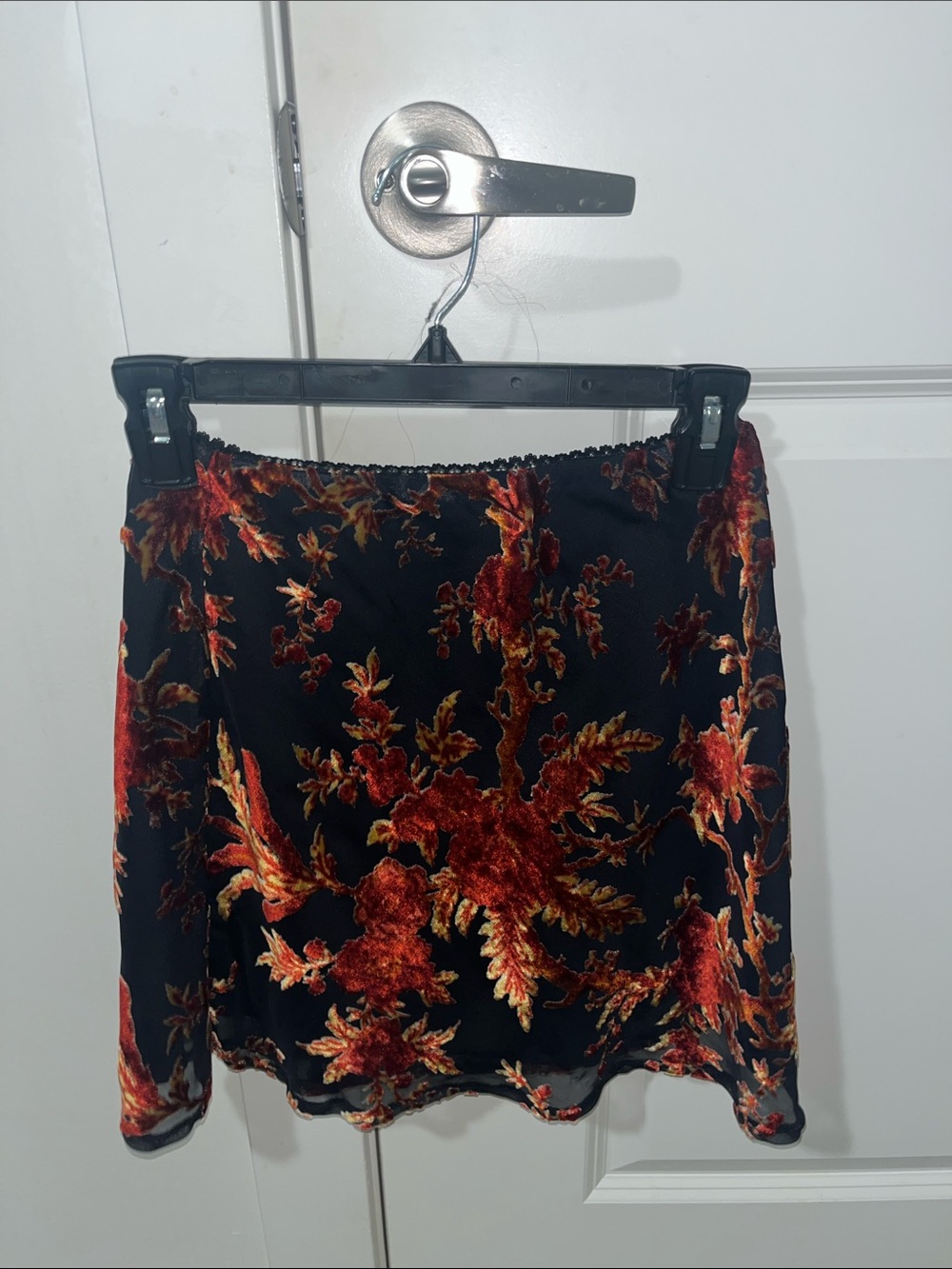 Princess Polly Black Mini Skirt with Red & Gold Floral Burnout